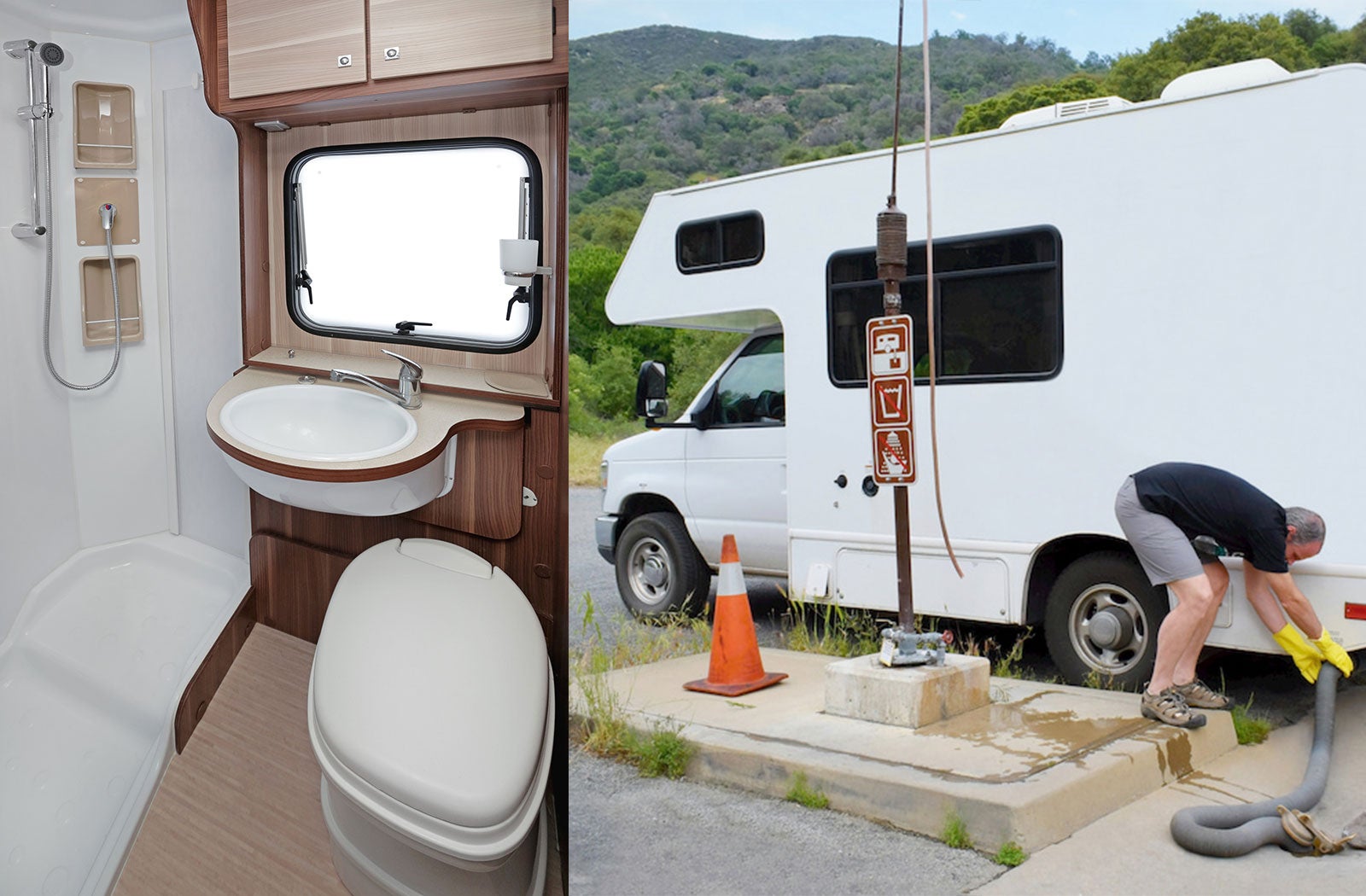 Portable RV/camper toilet and holding tank setup in Lemoore, California